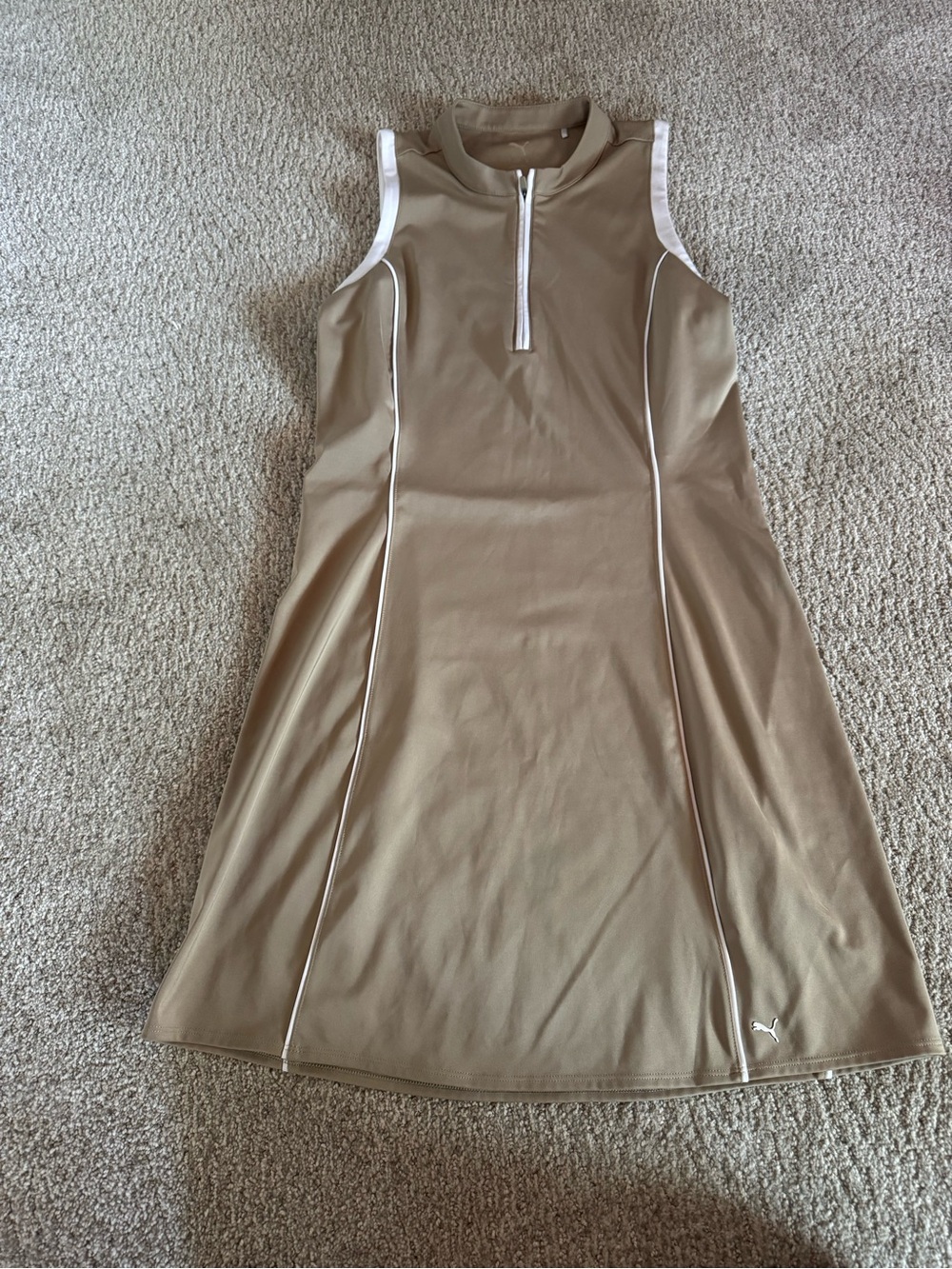 Puma Taupe Sleeveless Zip-Front Athletic Dress with White Trim. No shorts.